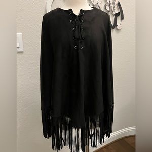MANGO Black Cape Fringed Top One Size